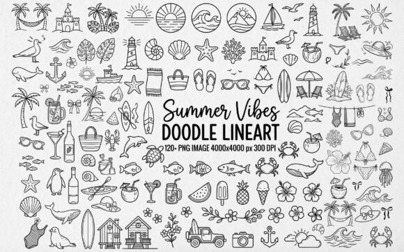 Download 120+ Summer Vibes Doodle Line Art PNG - Line Collection
