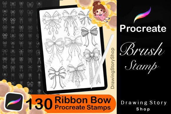 Download 130 Ribbon Bow Outline Stamps Brushes - Line Collection